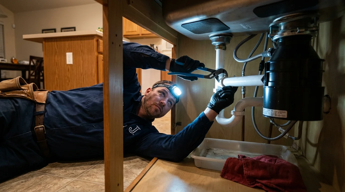P-trap and supply line connections under a kitchen sink showing a common leak point in Union Hall, VA